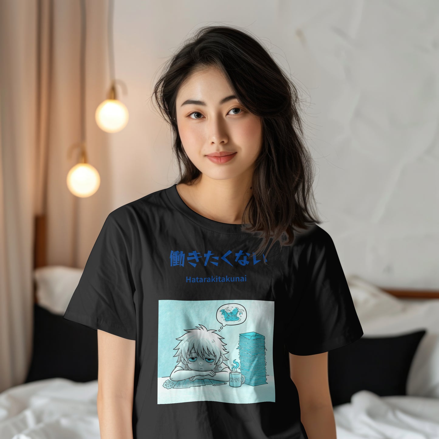 "I Don't Want to Work" T-shirt | Hatarakitakunai | Slacker's Dream - Dark Edition