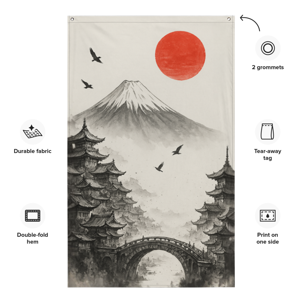 【Japanese Modern Art】AI-Generated Monochrome Wall Art of Mount Fuji and Temples Flag white