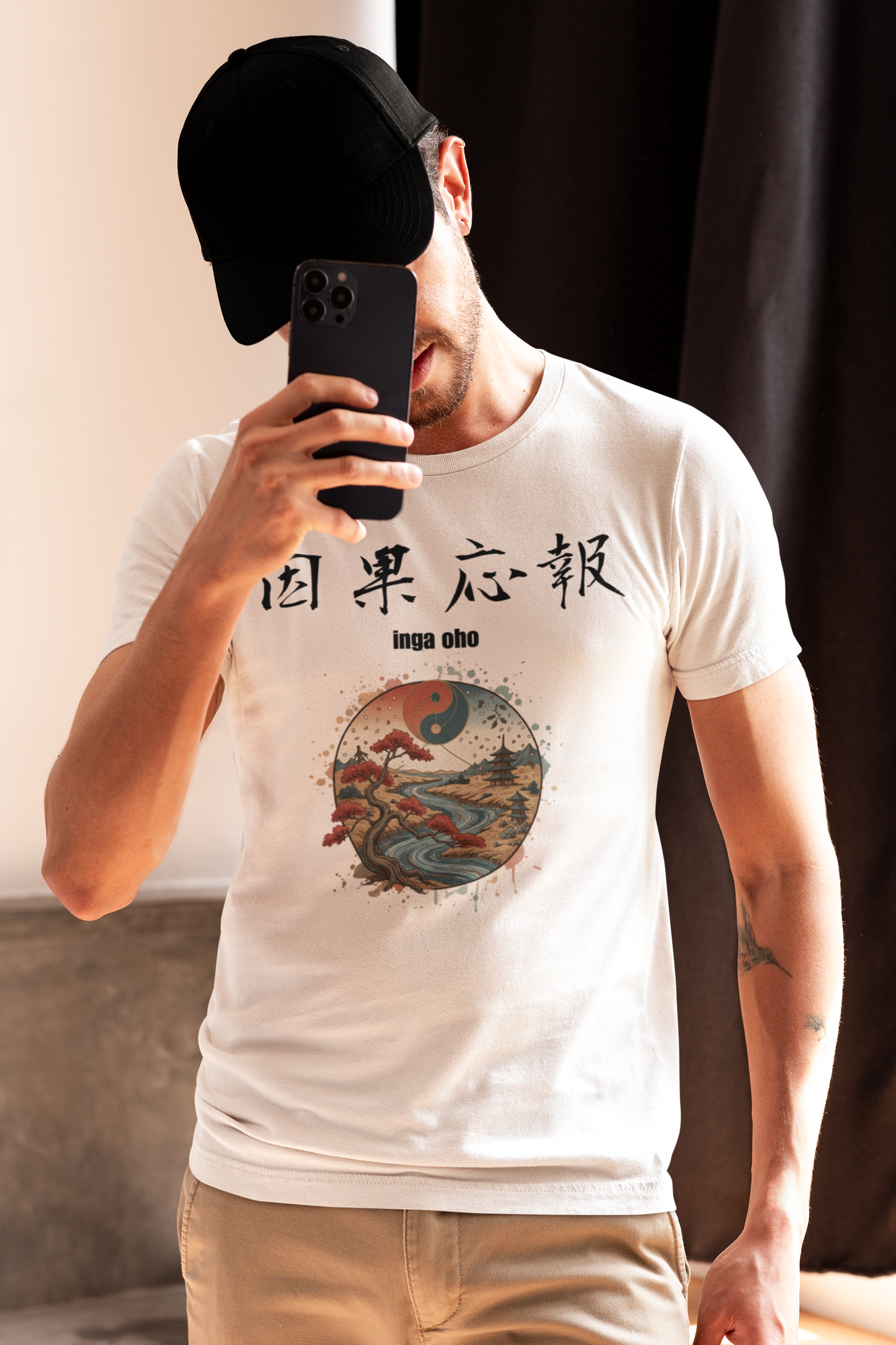 "因果応報:Once-in-a-lifetime encounter "Japanese Kanji T-shirt: -White Edition