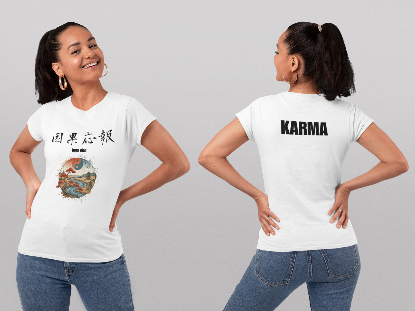 "因果応報:Once-in-a-lifetime encounter "Japanese Kanji T-shirt: -White Edition
