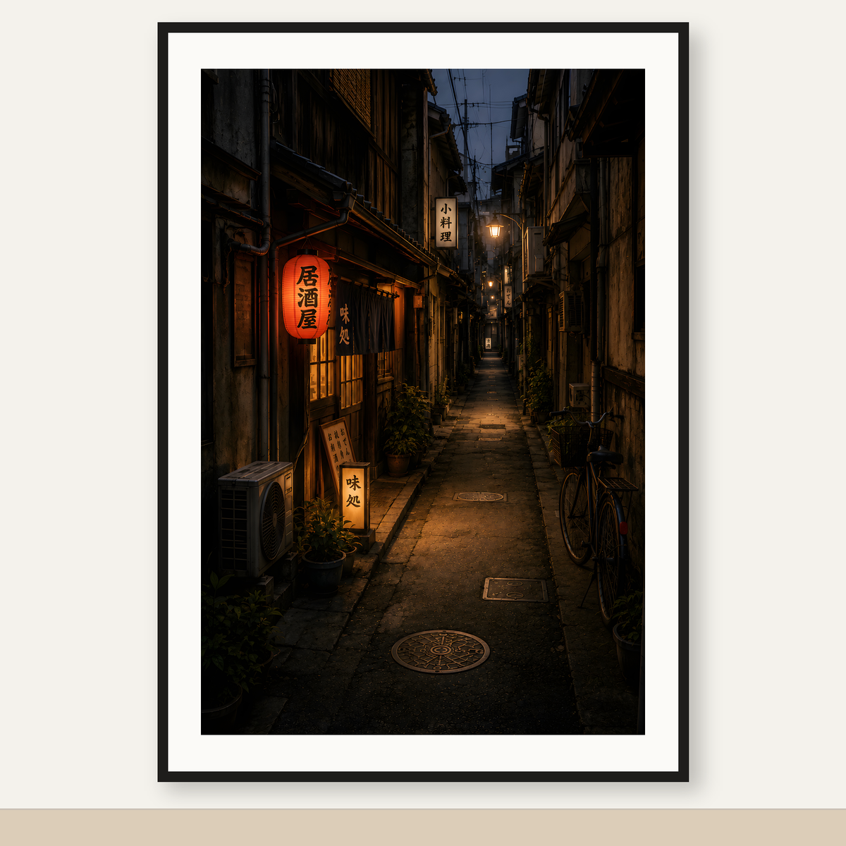 Japanese Alley 03 – Izakaya Lantern Printable Wall Art — original artwork in a black frame