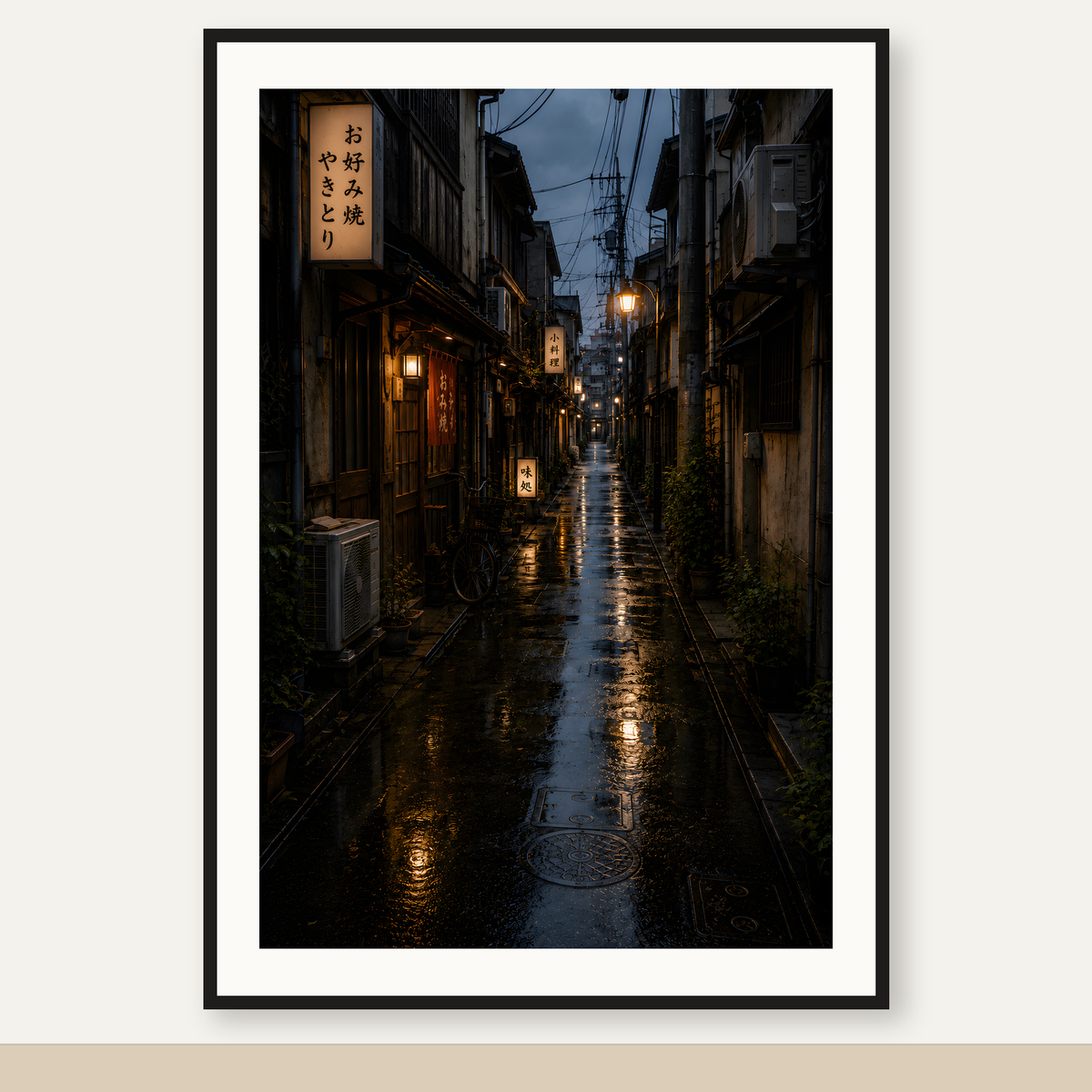 Japanese Alley 04 – Rainy Lantern Street Printable Wall Art — original artwork in a black frame