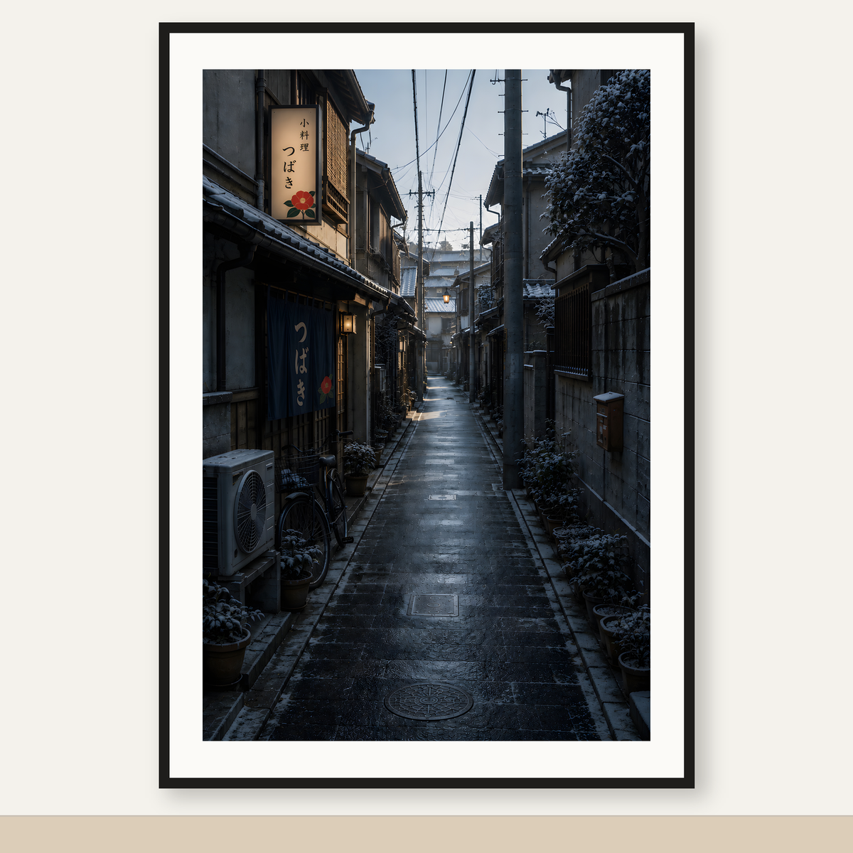 Japanese Alley 07 – Quiet Winter Lane Printable Wall Art — original artwork in a black frame