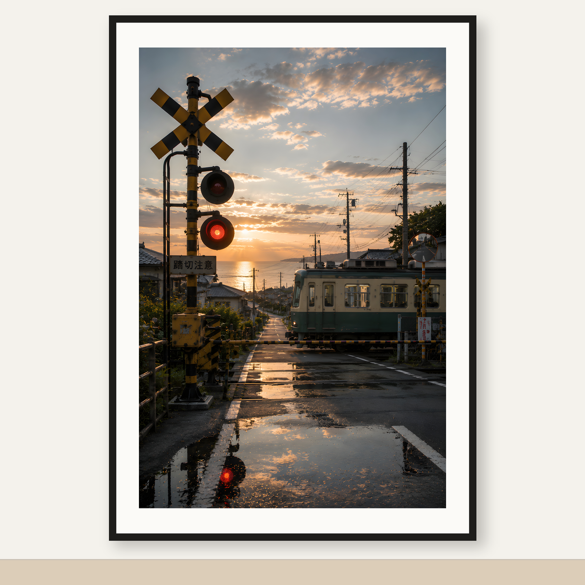 Japanese Railroad Crossing 07 original artwork displayed uncropped in a black frame