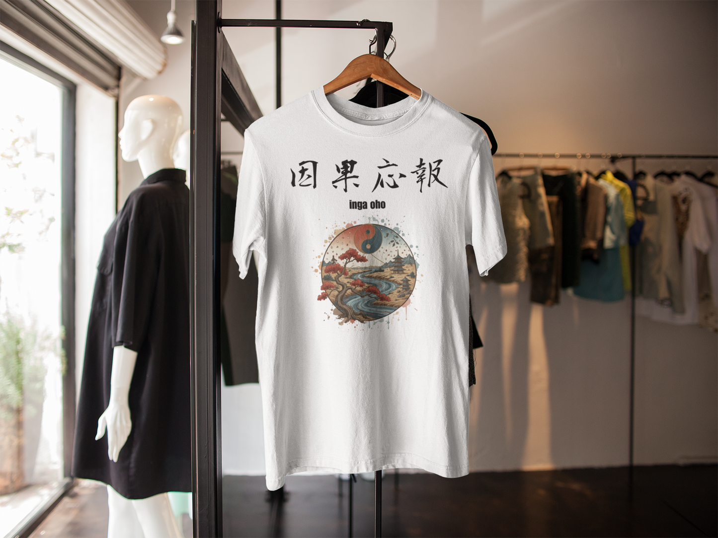 "因果応報:Once-in-a-lifetime encounter "Japanese Kanji T-shirt: -White Edition