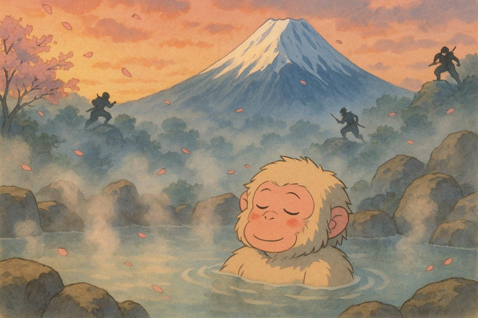忍者　富士山などがある感じでおさるが温泉に入っている　ジブリアニメ風で