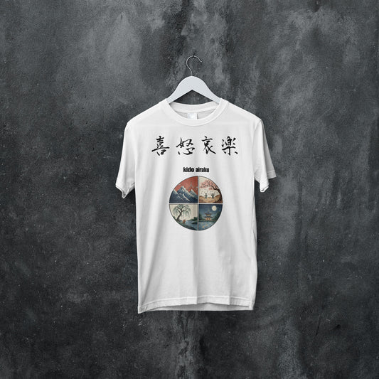 ”喜怒哀楽”Kidoairaku - Japanese Kanji T-shirt of Human Emotions - White Edition Unisex organic oversized high neck t-shirt 5.9 oz