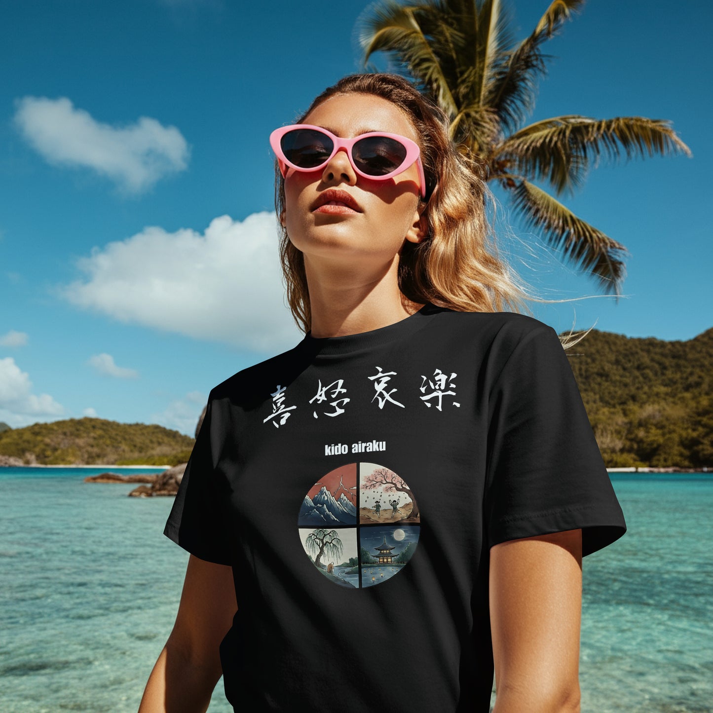”喜怒哀楽”Kidoairaku - Japanese Kanji T-shirt of Human Emotions - Dark Edition　Unisex organic oversized high neck t-shirt 5.9 oz