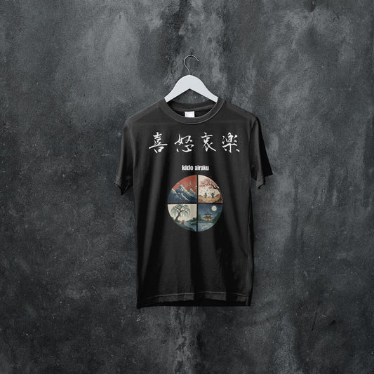 ”喜怒哀楽”Kidoairaku - Japanese Kanji T-shirt of Human Emotions - Dark Edition　Unisex organic oversized high neck t-shirt 5.9 oz