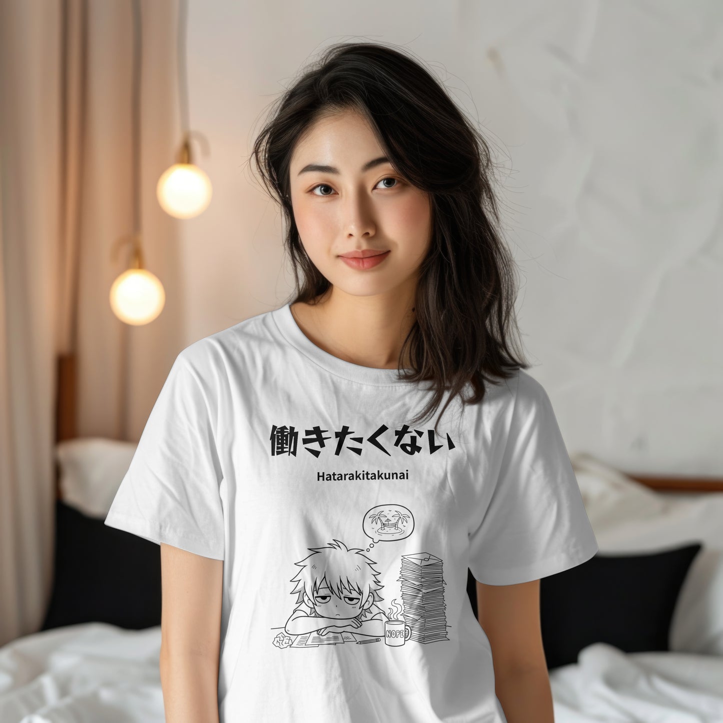 "I Don't Want to Work" T-shirt | Hatarakitakunai | Slacker's Dream - White Edition