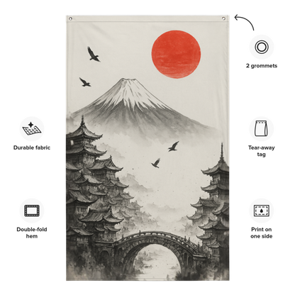 【Japanese Modern Art】AI-Generated Monochrome Wall Art of Mount Fuji and Temples　Flag 　white