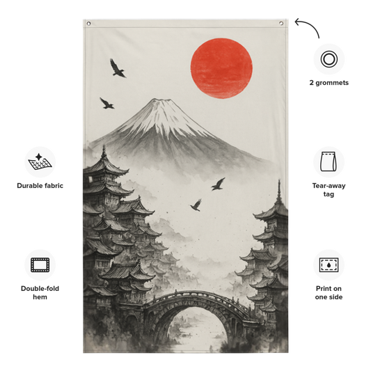 【Japanese Modern Art】AI-Generated Monochrome Wall Art of Mount Fuji and Temples　Flag 　white