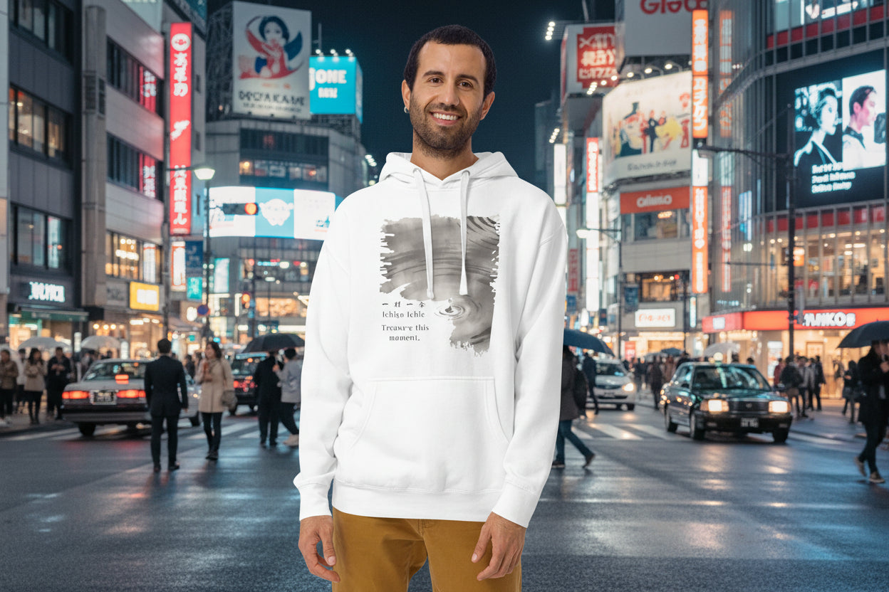 Back view of a minimalist Japanese aesthetic streetwear hoodie with a focus on high-quality fabric and relaxed fit