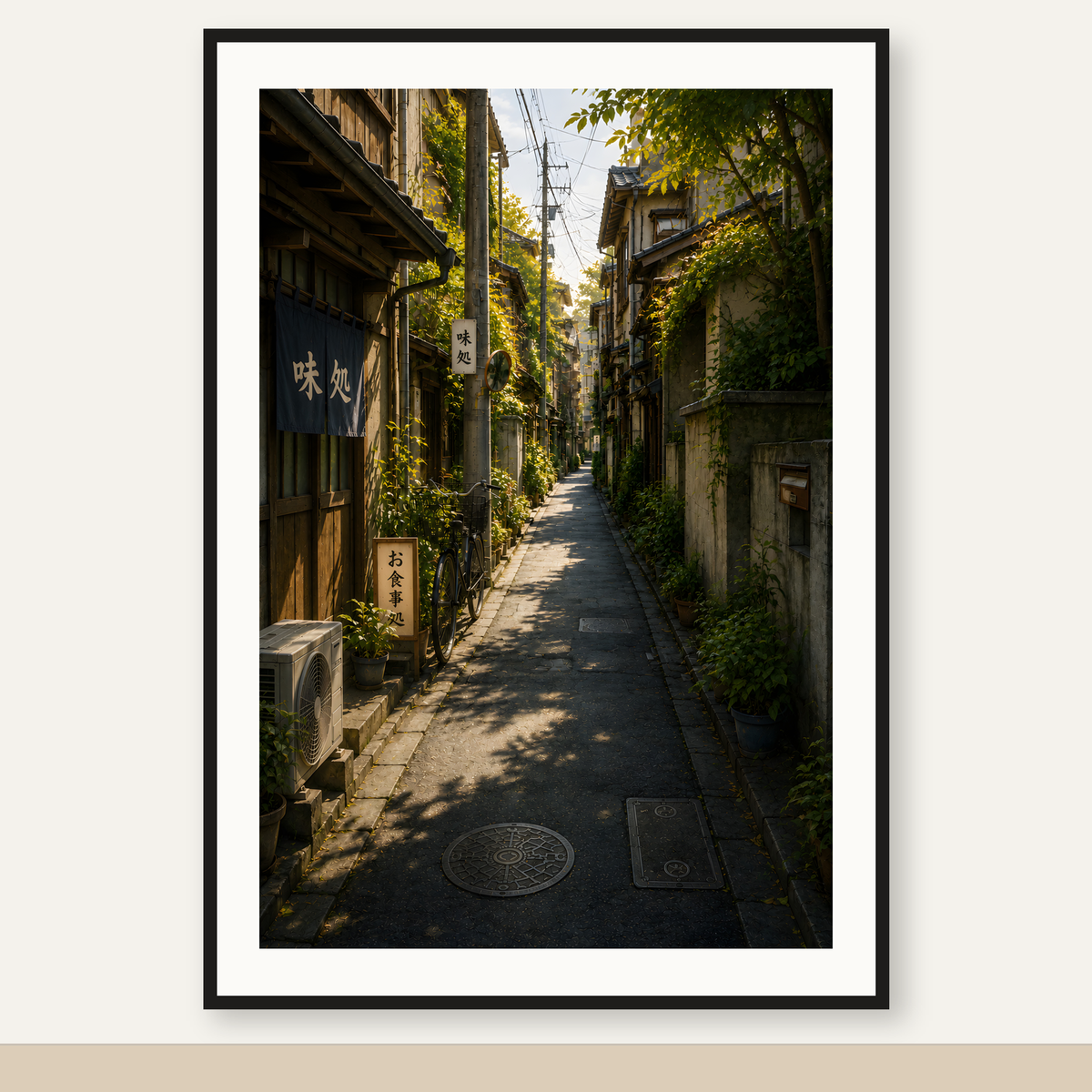 Japanese Alley 05 – Sunlit Green Lane Printable Wall Art — original artwork in a black frame