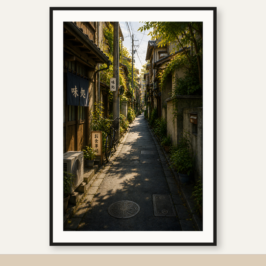 Japanese Alley 05 – Sunlit Green Lane Printable Wall Art — original artwork in a black frame