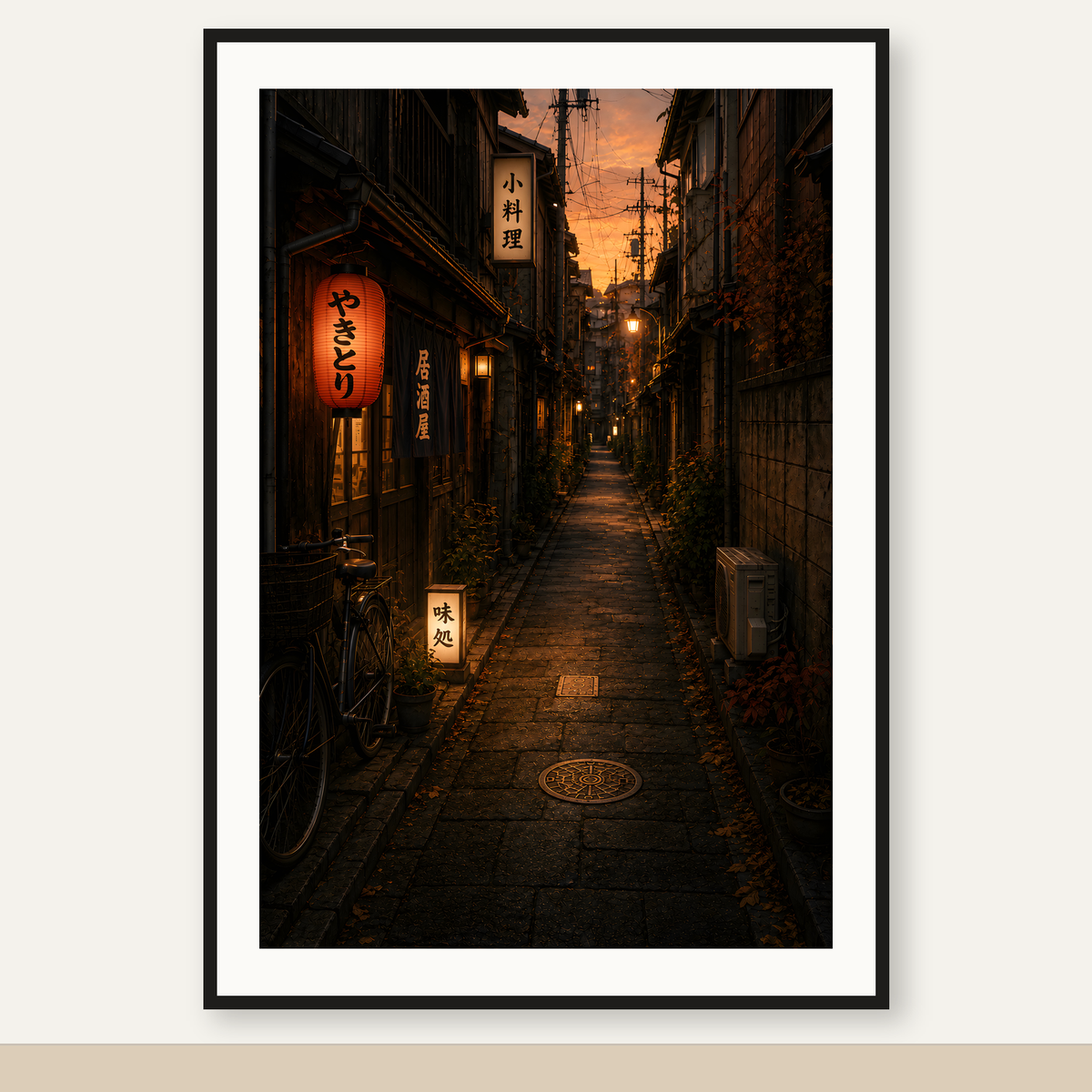 Japanese Alley 06 – Sunset Lanterns Printable Wall Art — original artwork in a black frame
