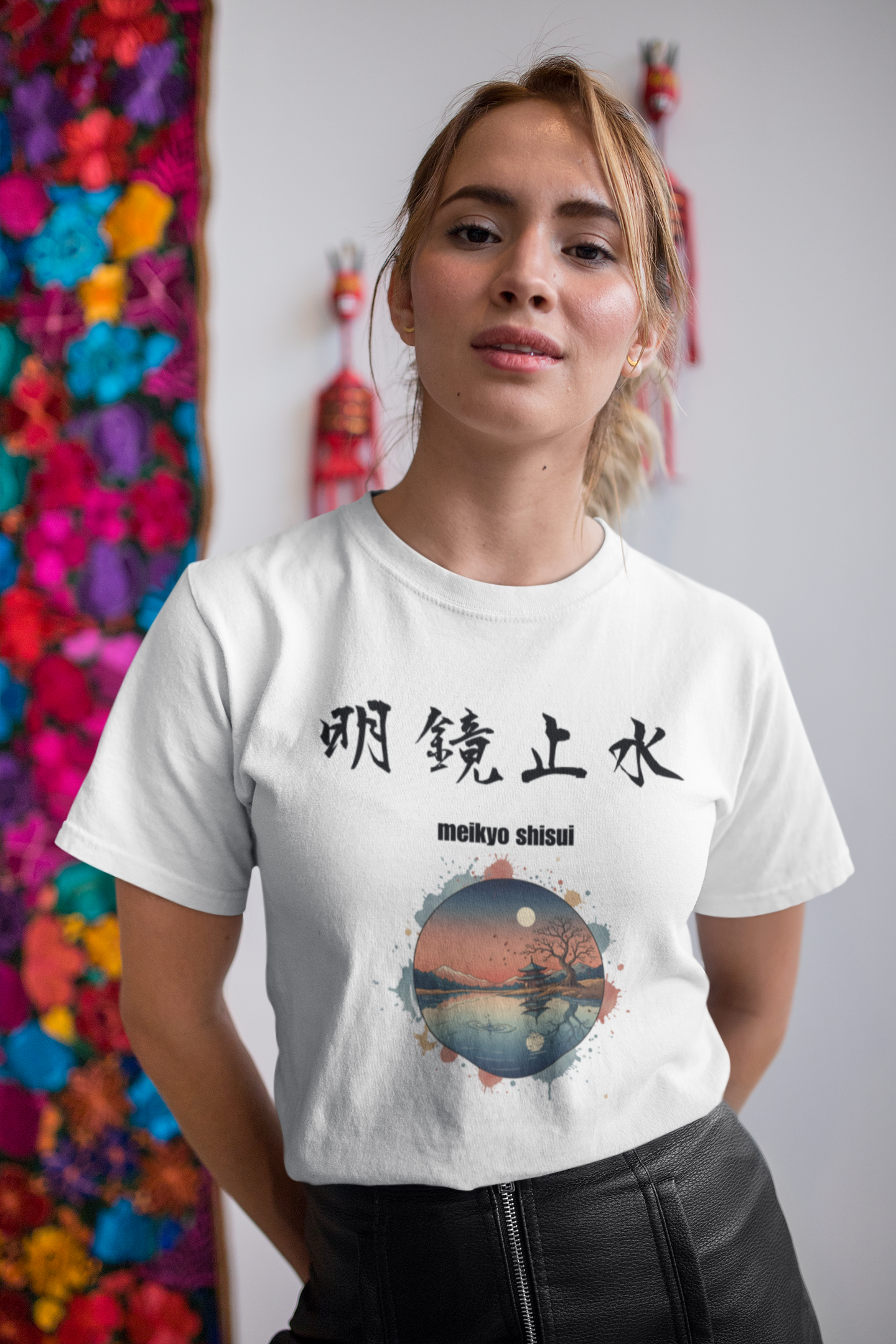 明鏡止水/Meikyo Shisui T-Shirt - Pure and Tranquil Mind Tee-White Edition　　Unisex organic oversized high neck t-shirt