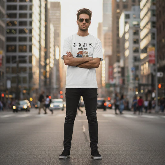 Japanese Art T-Shirt: 春夏秋冬（Shunkashuutou）-the four seasons-White Edition　　Unisex organic oversized high neck t-shirt