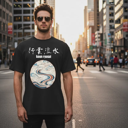 Zen Flow T-Shirt: 行雲流水　Ko-Un-Ryu-Sui (Floating Clouds, Running Water)-Dark Edition Unisex organic oversized high neck t-shirt