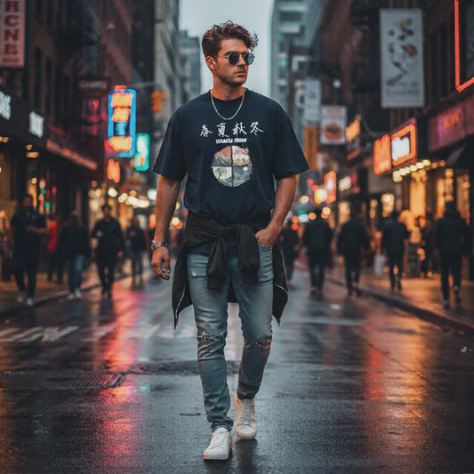 Japanese Art T-Shirt: 春夏秋冬（Shunkashuutou）-the four seasons-Dark Edition　Unisex organic oversized high neck t-shirt