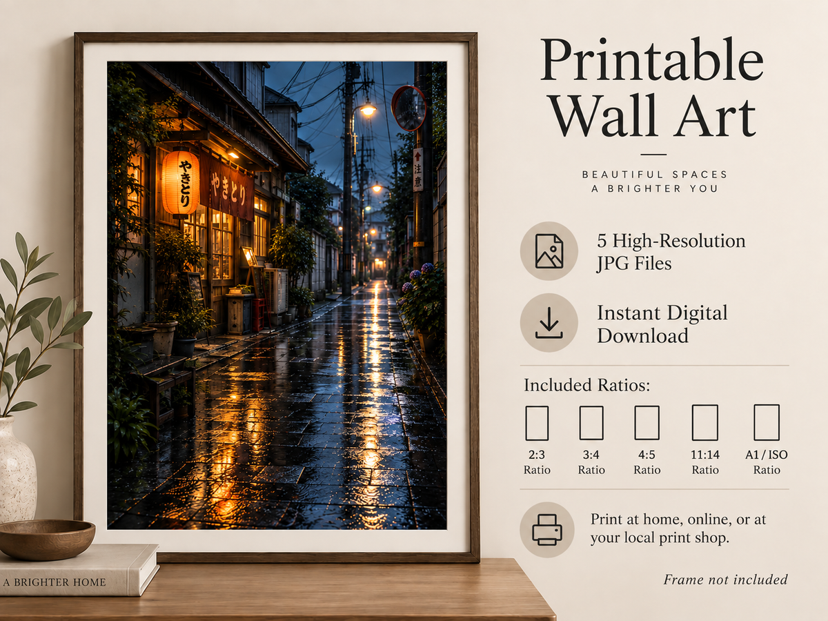 Rainy Japan Nights 3-piece printable wall art set representative mockup