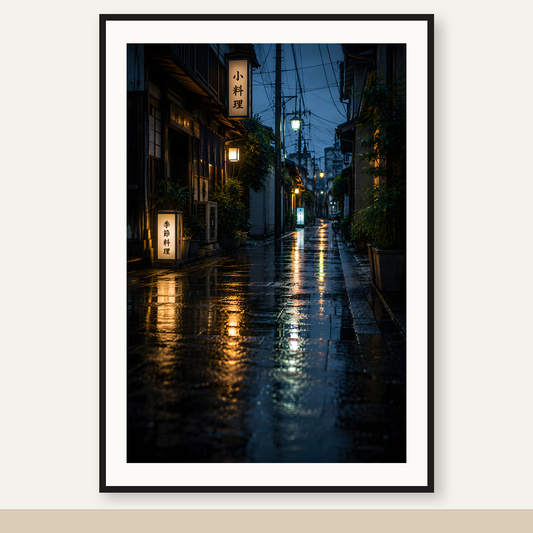 Rainy Japan Road 04 – Blue Hour Reflections Printable Wall Art — original artwork in a black frame