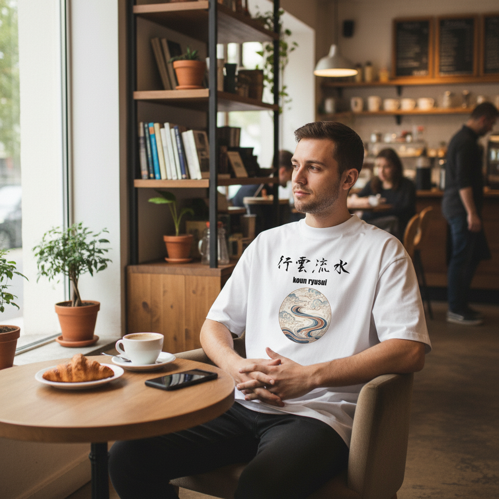 Zen Flow T-Shirt: 行雲流水　Ko-Un-Ryu-Sui (Floating Clouds, Running Water)-White Edition　Unisex organic oversized high neck t-shirt