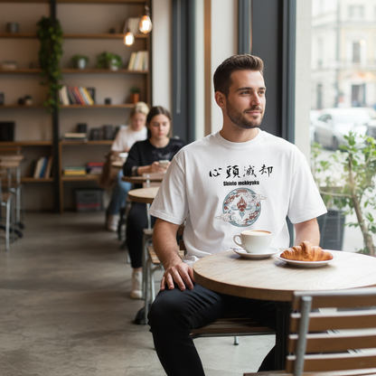 Zen Power Focus T-Shirt: 心頭滅却　Shintō Mekkyaku - The Mind's Fire Extinguisher-White Edition　　Unisex organic oversized high neck t-shirt